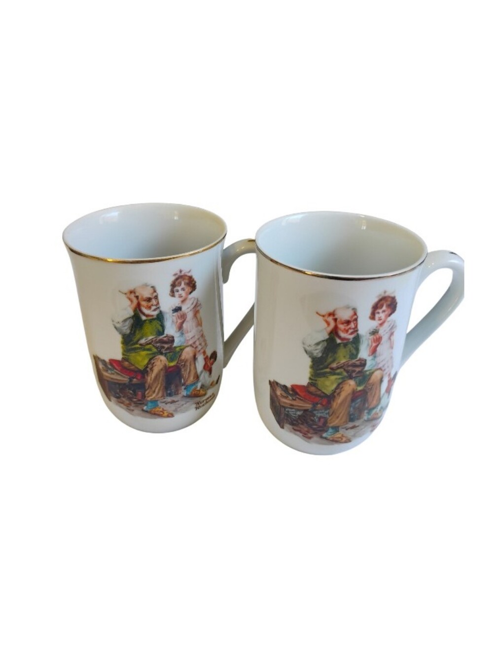 Gold-Trim White Ceramic Mug with Vintage Illustration - Set of 2